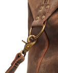 Stitching and hardware details on a vintage leather bag, emphasizing artisanal craftsmanship and quality.