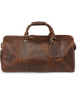 Vintage-inspired leather duffle bag with rich brown Crazy Horse leather and sturdy handles, perfect for travel.