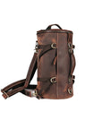 Vintage leather backpack in a side view, handmade from Crazy Horse leather, perfect for travel and everyday use.