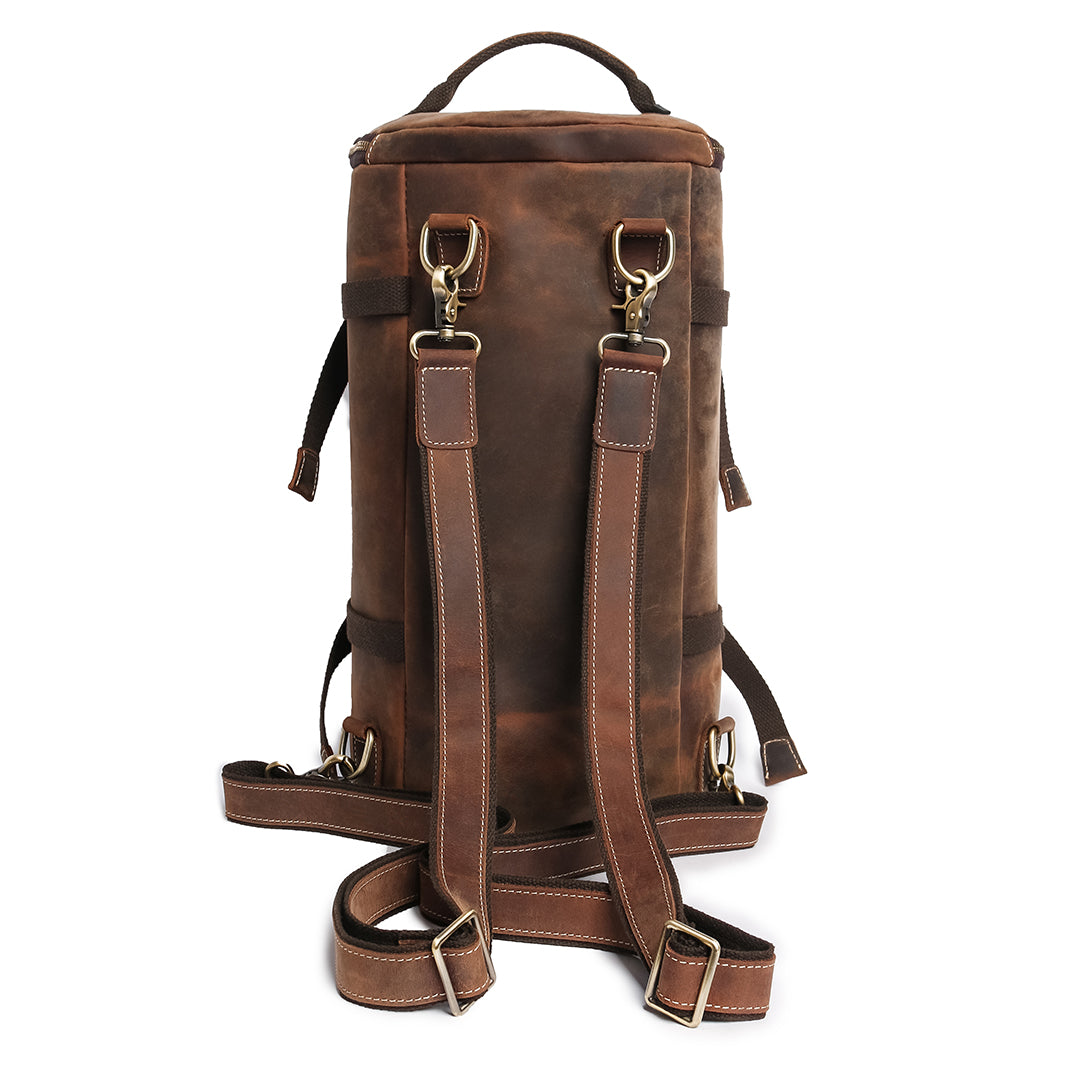 Vintage leather backpack in a back view, handmade from Crazy Horse leather, emphasizing durability and style